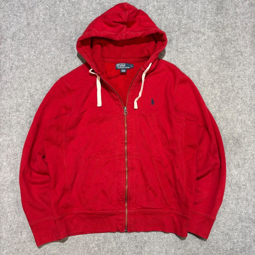 Polo Ralph Lauren Men Red Full Zip Hoodie Sweatshirt Large Blue Pony Waffle Hood